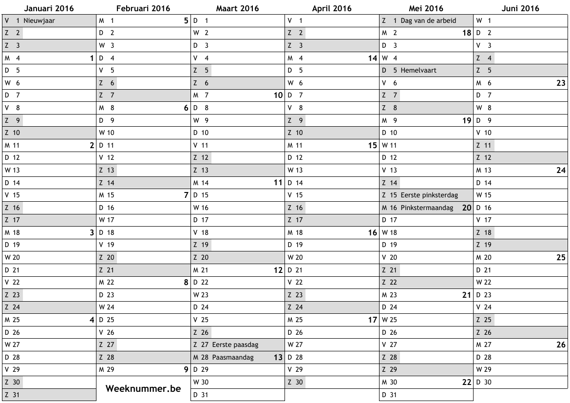 Symptomen kamp Onbevreesd Kalender voor 2016 met weeknummers en feestdagen … nationale feestdagen,  weken, agenda, A4, gratis online kalender, download PDF, drukken