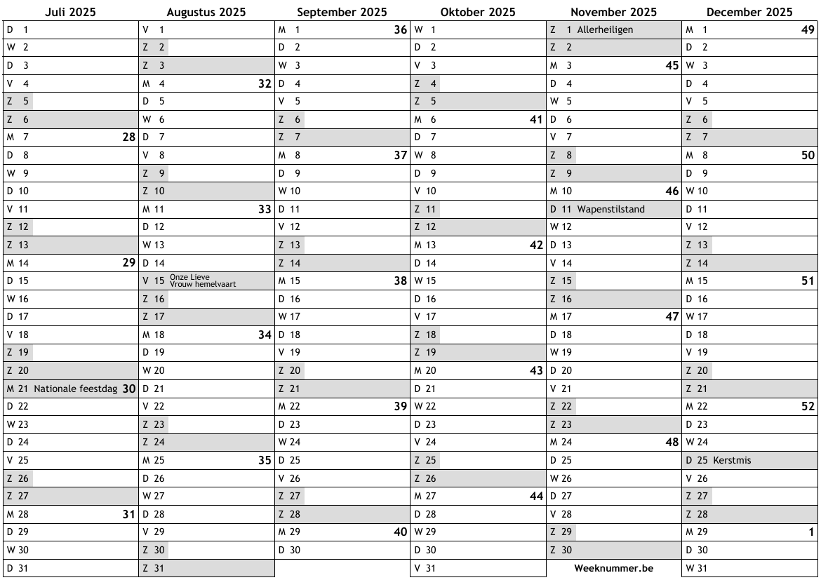 Kalender 2025, tweede semester