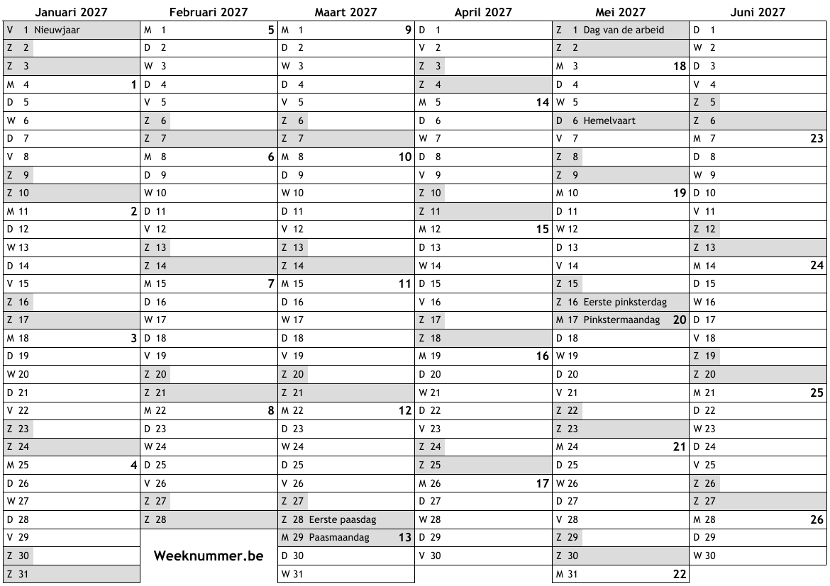 Kalender Voor 2027 Met Weeknummers En Feestdagen Nationale Feestdagen 